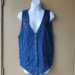 Vintage 1990's Womens Teacher Rose Floral Jean Blazer Vest